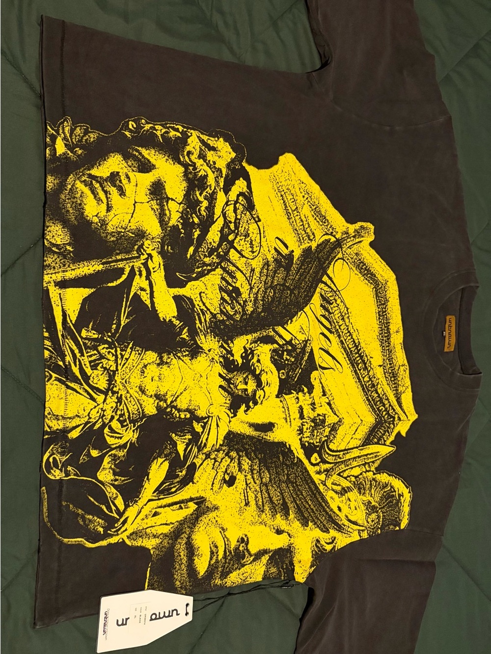 Vintage-Style Black Graphic Shirt with Yellow Print